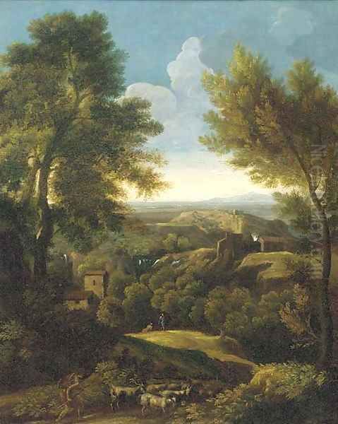 An extensive wooded landscape with a shepherd and his flock on a path Oil Painting by Gaspard Dughet