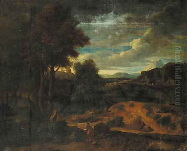 An Italianate landscape at sunset with shepherds in the foreground Oil Painting by Gaspard Dughet