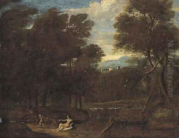 Cupid and Venus in a classical landscape Oil Painting by Gaspard Dughet