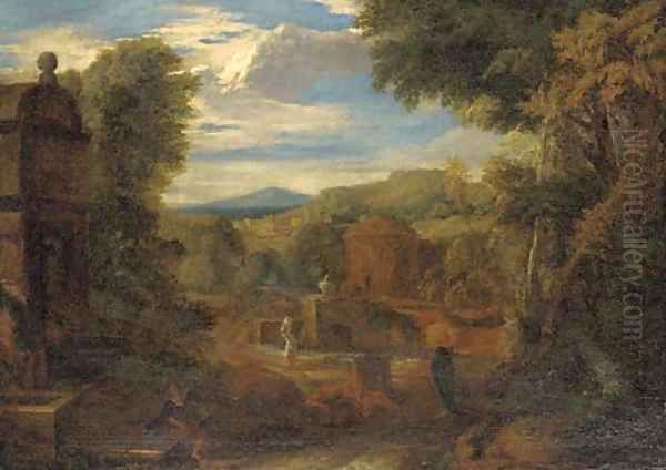 A capriccio of classical buildings in a landscape, figures in the foreground Oil Painting by Gaspard Dughet