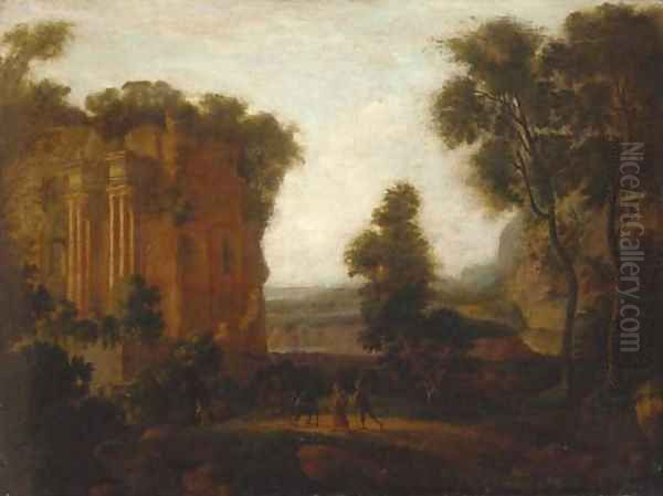 A classical Italianate landscape with travellers and a donkey on a track Oil Painting by Gaspard Dughet