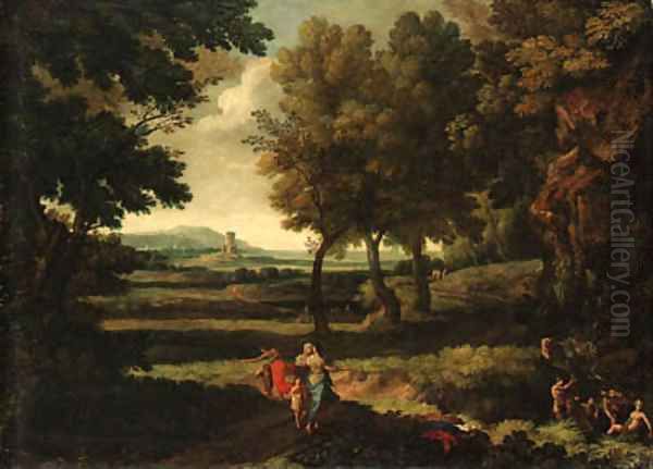 An extensive Italianate Landscape Oil Painting by Gaspard Dughet