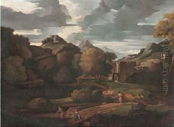 An Italianate landscape with figures on a path, classical buildings beyond Oil Painting by Gaspard Dughet