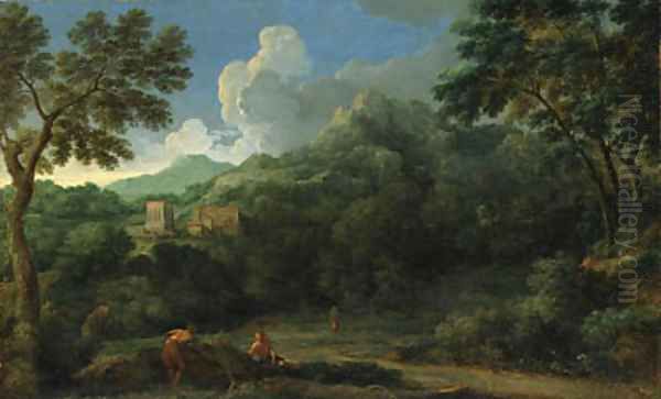 An Italianate Landscape with Figures, a village beyond Oil Painting by Gaspard Dughet