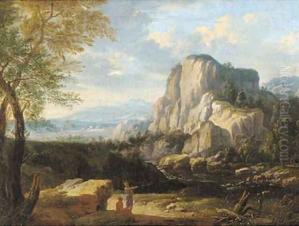 An Italianate landscape with travellers at halt by a river Oil Painting by Gaspard Dughet