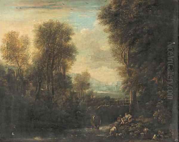 An Italianate river landscape with a drover and his cattle resting on a river bank, other figures beyond Oil Painting by Gaspard Dughet