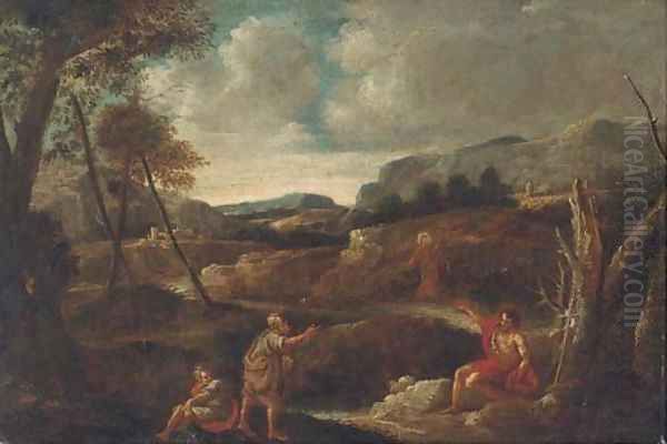 Christ and Saint John the Baptist in a landscape with other figures Oil Painting by Gaspard Dughet