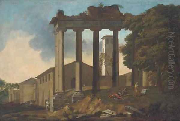 The Temple of Concorde, Rome, with classical figures in the foreground Oil Painting by Gaspard Dughet