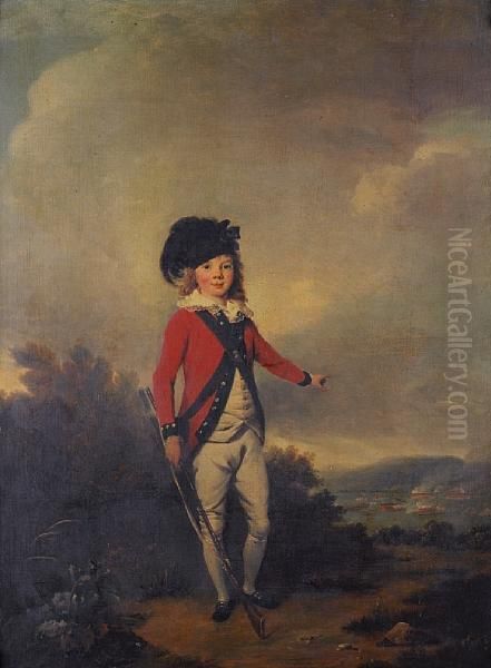 Portrait Of John Windham Dalling
 As A Youngboy, Full-length, Dressed In The Uniform Of A Militiaman, 
Holding Arifle, Standing In A Landscape And Pointing To A Military 
Exercisebetween Redcoats In The Distance Oil Painting by Philip Reinagle