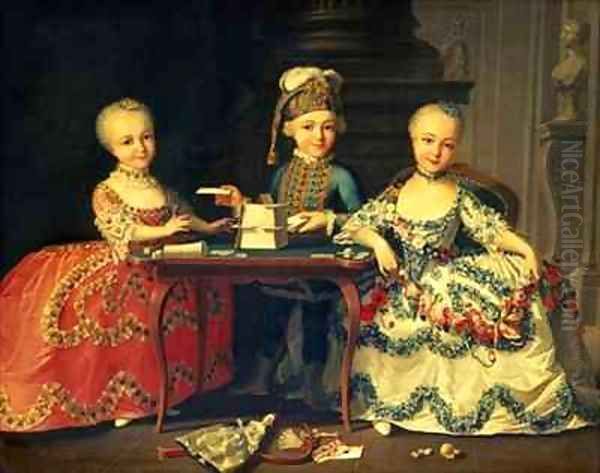 A boy and two girls building a house of cards with other games by the table Oil Painting by Francois-Hubert Drouais