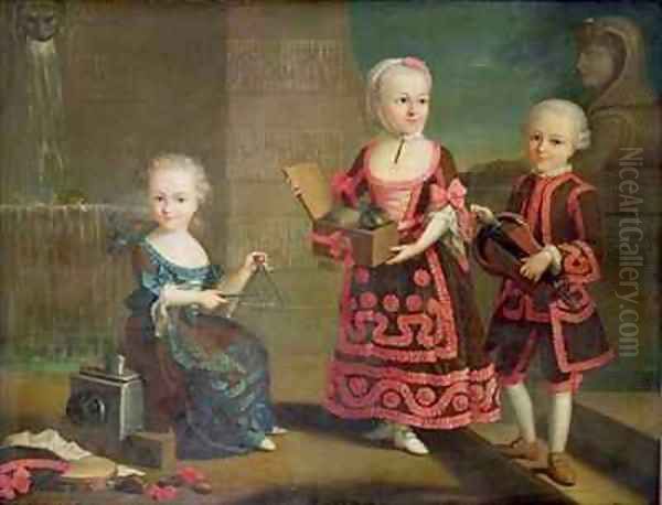 A Girl with a Marmoset in a Box Girl with Triangle sitting on a Magic Lantern and a Boy with a Hurdy Gurdy Oil Painting by Francois-Hubert Drouais