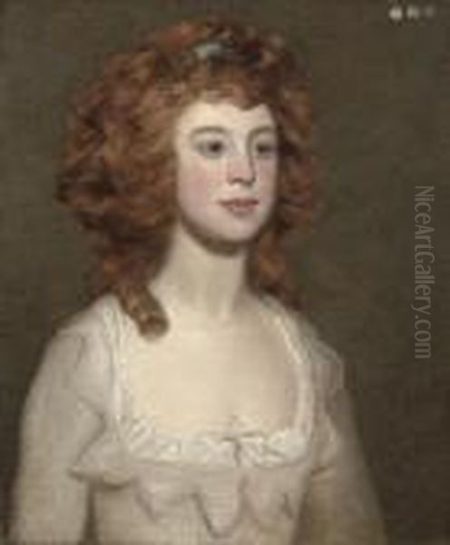 Portrait Of A Young Lady, Half-length, In A White Dress With Pinktrim Oil Painting by Philip Reinagle