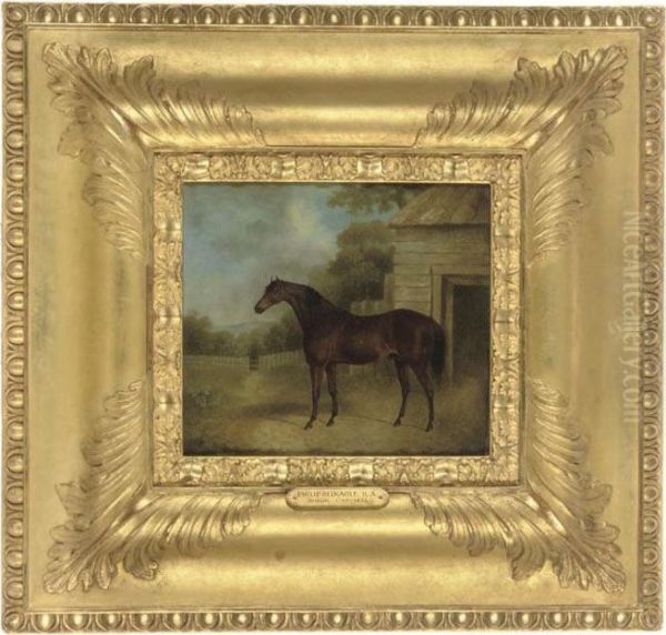 A Bay Horse Outside A Stable, In A Landscape Oil Painting by Philip Reinagle