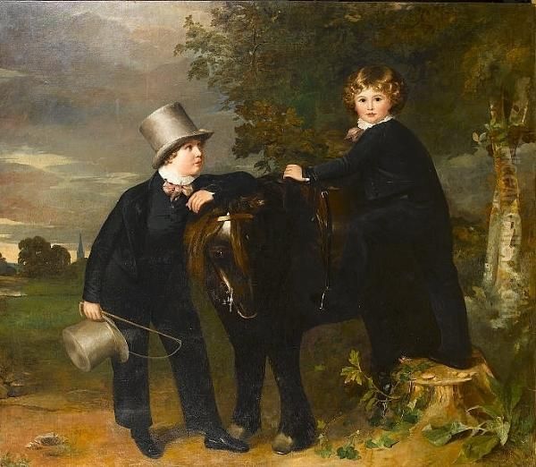 Portrait Of Two Boys With Their Pet Pony, In A Wooded Landscape Oil Painting by Philip Reinagle