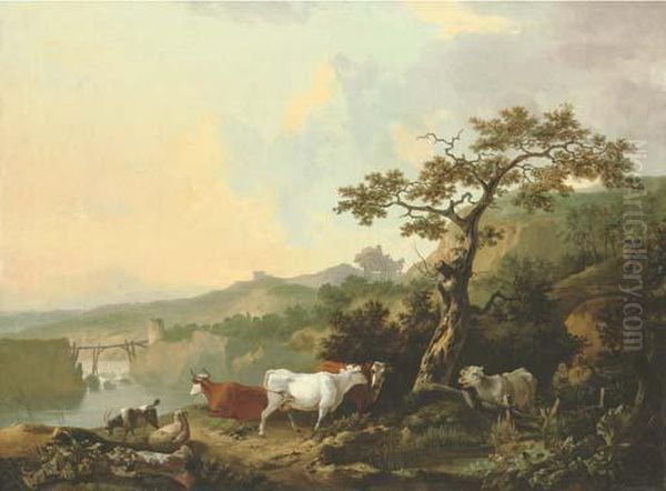 A River Landscape With Livestock And A Rustic Couple, A Wagon Onthe Road Beyond Oil Painting by Philip Reinagle