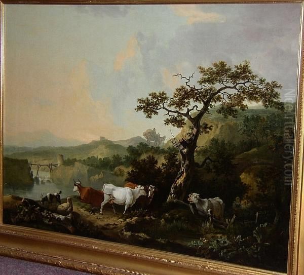 A Pastoral Scene With Cattle, A 
Sheep And A Goat Grazing By A River, A Lady Seated Listening To A Piper,
 A Traveller With Horse And Cart Beyond, Signed And Dated 'p. Reinagle 
1784', Oil On Canvas Oil Painting by Philip Reinagle