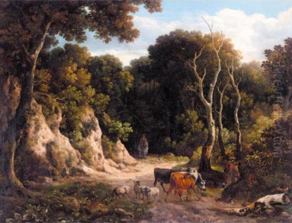 A Wooded Landscape With Cattle And Sheep On A Path With A Herdsman Oil Painting by Philip Reinagle