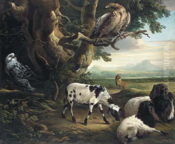 Birds Of Prey, Goats And A Wolf, In A Landscape Oil Painting by Philip Reinagle