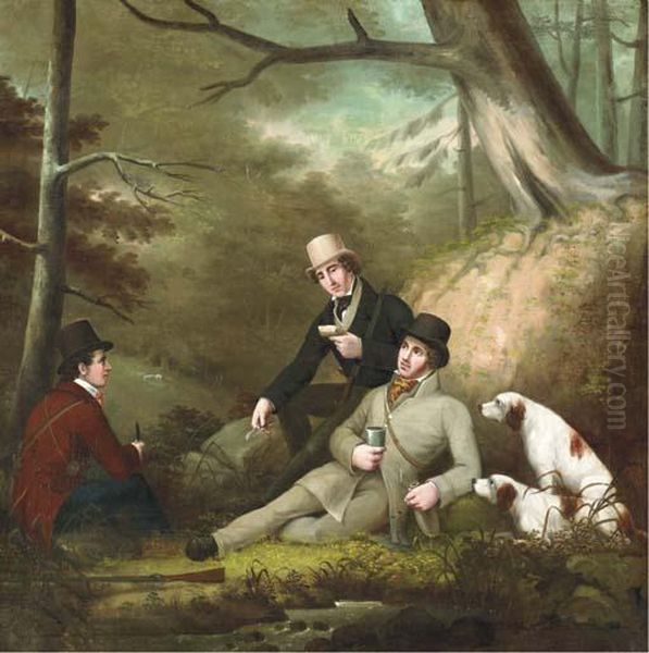 Sportsmen Taking Lunch By A 
Stream, In A Woodland Setting; Asportsman Out Shooting With His Spaniels
 In The Woods Oil Painting by Philip Reinagle