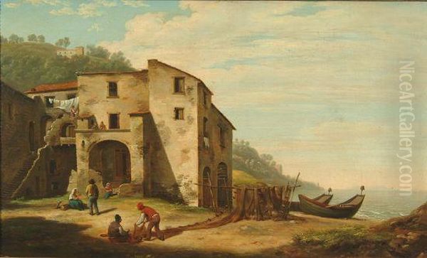 Drying The Nets Off An Italian Coast, Signed And Dated 1801 Oil Painting by Philip Reinagle