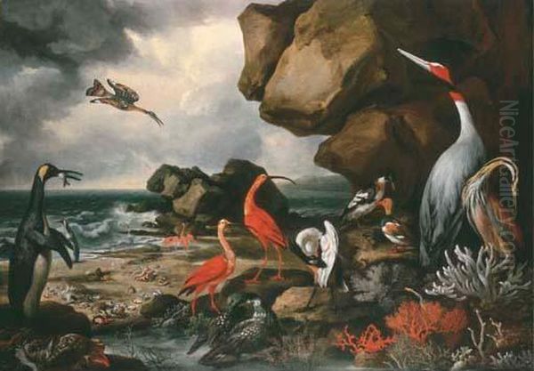 A Penguin, A Pair Of Flamingoes And Other Exotic Birds Oil Painting by Philip Reinagle