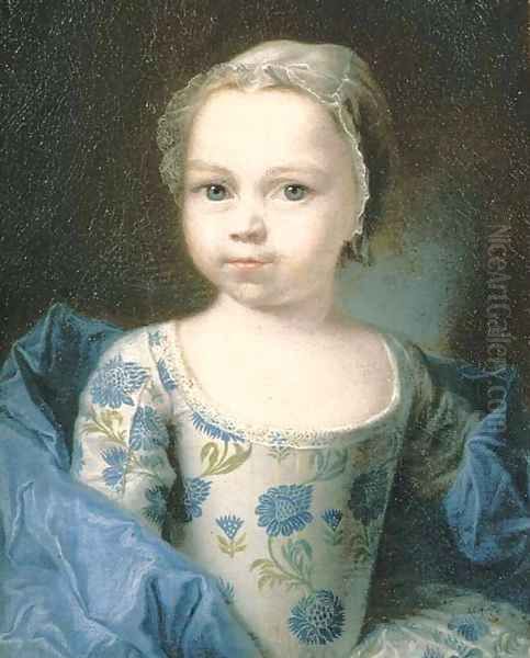 Portrait of a young girl, small half-length, in a white silk dress with a blue floral pattern and a blue silk shawl, with a lace headdress Oil Painting by Francois-Hubert Drouais