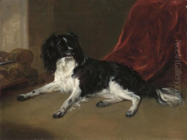 A King Charles Spaniel By A Fireplace, A Red Curtain Beyond Oil Painting by Ramsay Richard Reinagle