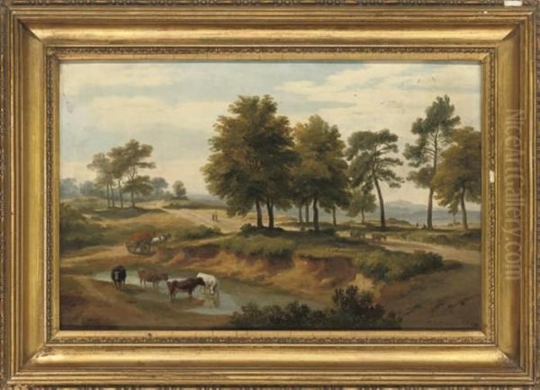 An Extensive Wooded River Landscape With Cattle Watering, Figureson A Path Beyond Oil Painting by Ramsay Richard Reinagle