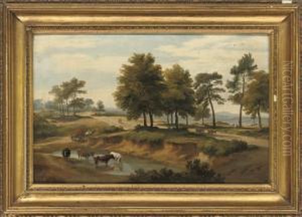 An Extensive Wooded River Landscape With Cattle Watering, Figures On A Path Beyond Oil Painting by Ramsay Richard Reinagle