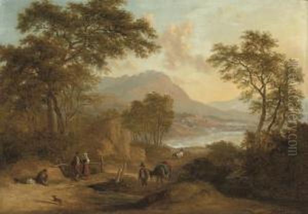 An Alpine River Landscape With Figures On A Track In The Foreground, A Town Beyond Oil Painting by Ramsay Richard Reinagle