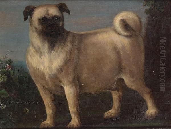 A Pug In A Landscape. Oil Painting by Ramsay Richard Reinagle