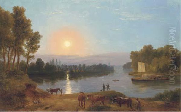 An Extensive River Landscape, 
With Figures And Cattle In Theforeground, Possibly On The River Thames 
Looking From Petershammeadows Towards Richmond Bridge Oil Painting by Ramsay Richard Reinagle