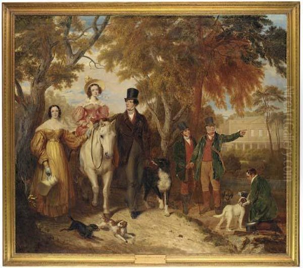 Group Portrait Of Edward Vernon,
 4th Baron Suffield, His Wife,charlotte Susannah, Lady Suffield, Seated 
On A White Pony, And Hissister, Georgiana Mary, With Game Keepers And 
Dogs, Gunton Parkbeyond Oil Painting by Ramsay Richard Reinagle