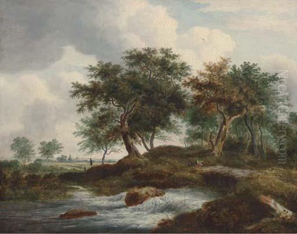 Figures Resting By A River In A Dutch Landscape Oil Painting by Ramsay Richard Reinagle