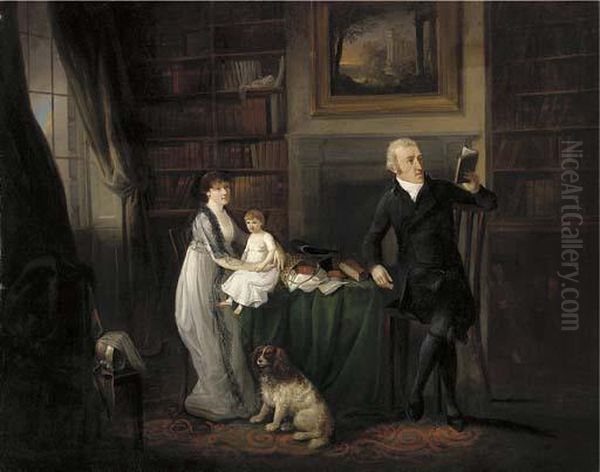 Portrait Of A Family, Seated Full-length In A Library With Their Dog Oil Painting by Ramsay Richard Reinagle