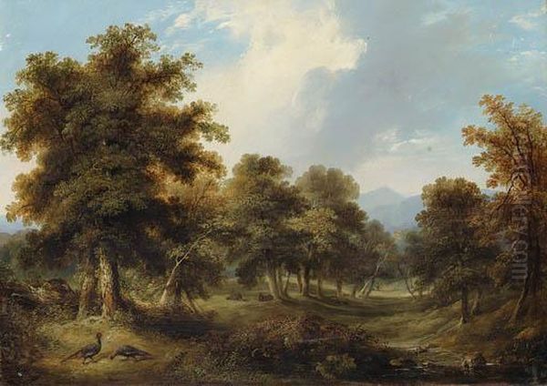 A Wooded Glade With Pheasants And Rabbits, A Sportsman And His Dogbeyond Oil Painting by Ramsay Richard Reinagle