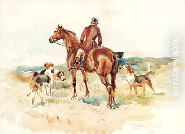 A Huntsman with his Hounds in an extensive Landscape Oil Painting by Arthur Davis