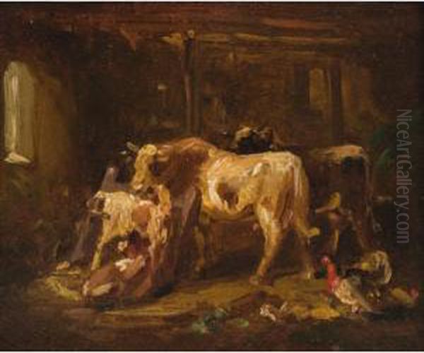 Cows In A Stable Oil Painting by Louis, Ludwig Reinhardt