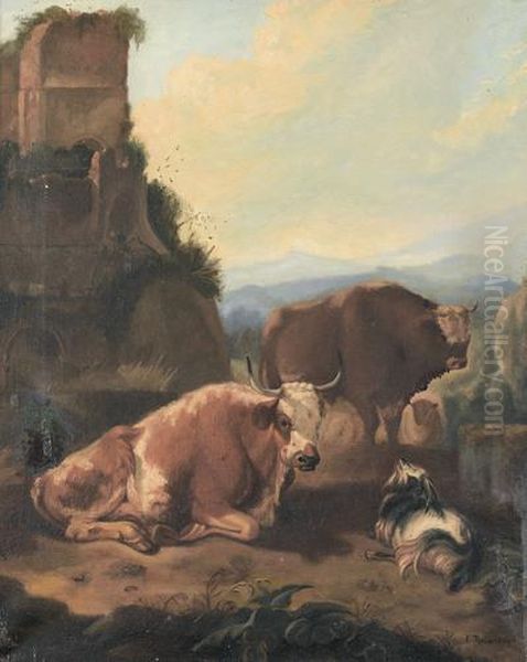 Italienische Landschaft Mit Zwei Kuhen Und Ziege Oil Painting by Louis, Ludwig Reinhardt