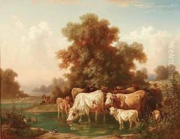 Cattle Watering Oil Painting by Louis, Ludwig Reinhardt