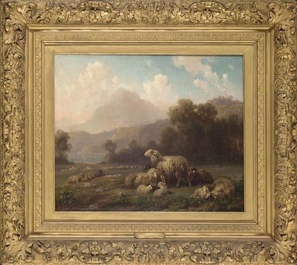 Sheep Grazing, A Mountainous Landscape Beyond Oil Painting by Louis, Ludwig Reinhardt