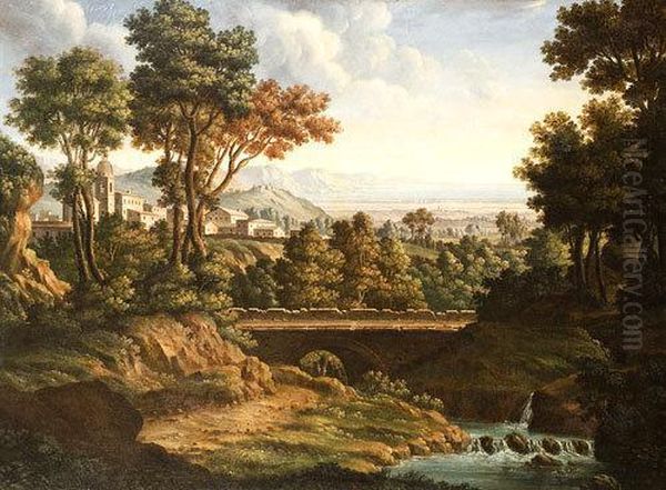 Paesaggio Con Ponte Di Pietra E Citta, Mare In Lontananza Oil Painting by Johann Christian Reinhart