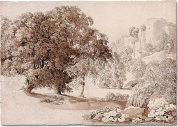 Landscape With A Satyr Spying On A Bathing Nymph Oil Painting by Johann Christian Reinhart