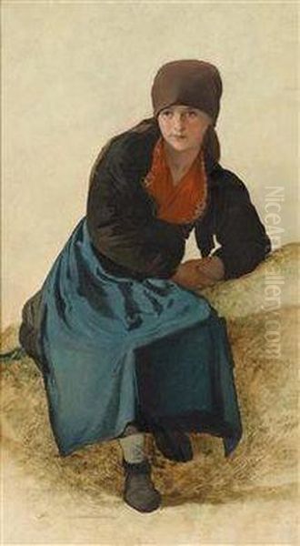 Peasantgirl Sitting Oil Painting by Franz Reinhold