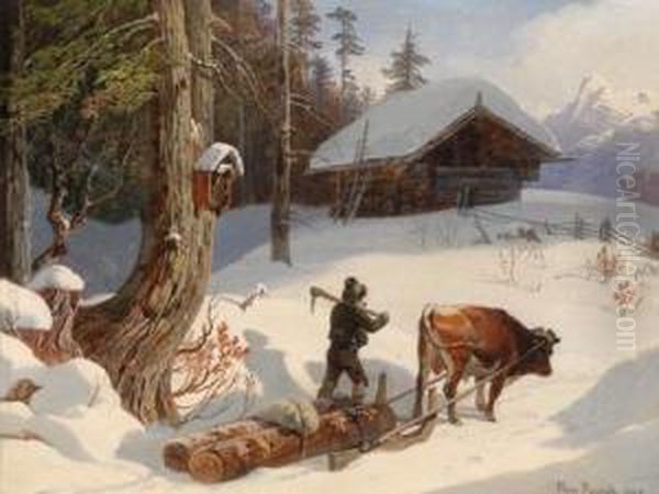 Holzabfuhr Im Winterlichen Gebirge Oil Painting by Franz Reinhold