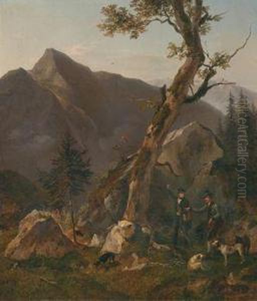 Zwei Jager Und Ihre Hunde Im Hochgebirge Oil Painting by Franz Reinhold