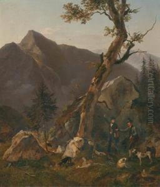 Two Hunters And Their Dogs In The High Mountains Oil Painting by Franz Reinhold