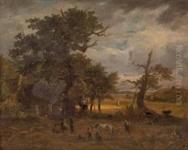 Figurales Treiben Vor Landgehoft Und Ausblick In Landschaft Oil Painting by Franz Reinhold