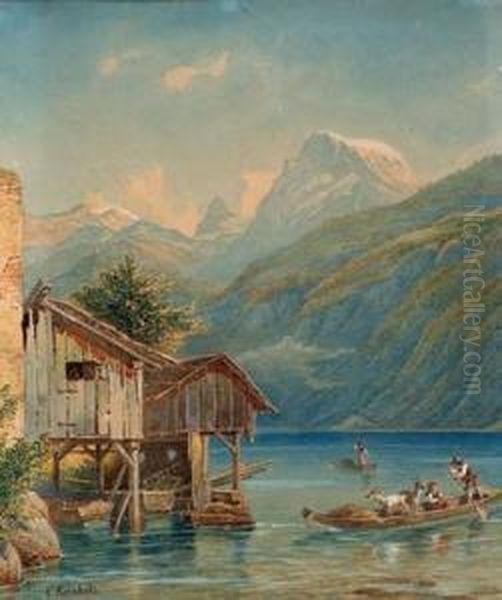 Zwei Zillen Auf Dem Hallstattersee? Mit Bootshutten Oil Painting by Franz Reinhold