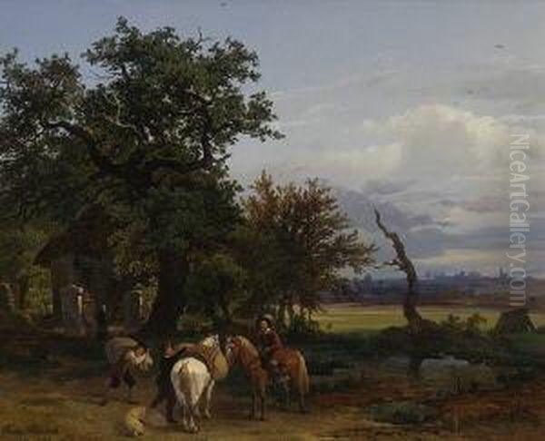 Landschaft Mit Reiter Und
 Knechten, Die Ein Pferd Bepacken. Oil Painting by Franz Reinhold